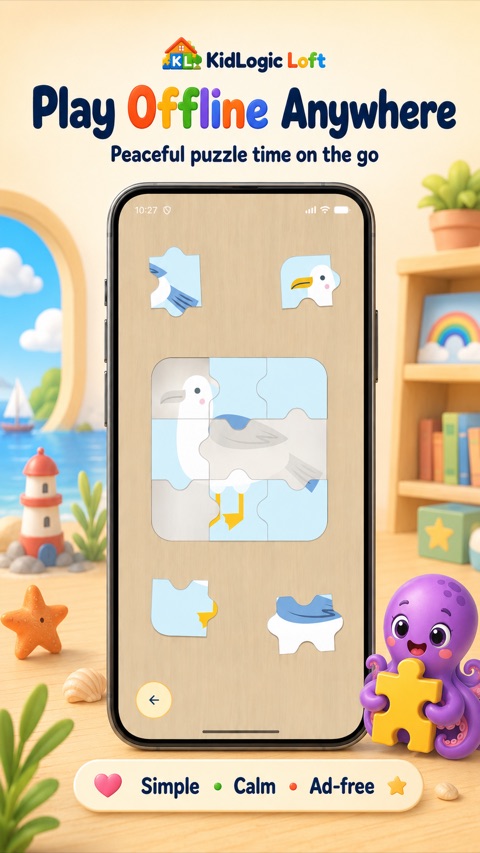 Ein Möwen-Puzzle in Arbeit – das Spiel funktioniert vollständig offline.