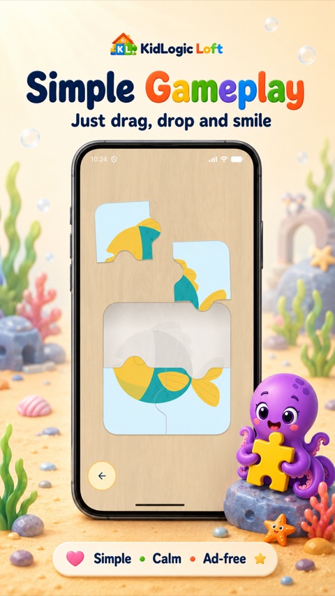 Einfaches Ziehen und Ablegen beim Zusammensetzen eines Fisch-Puzzles.